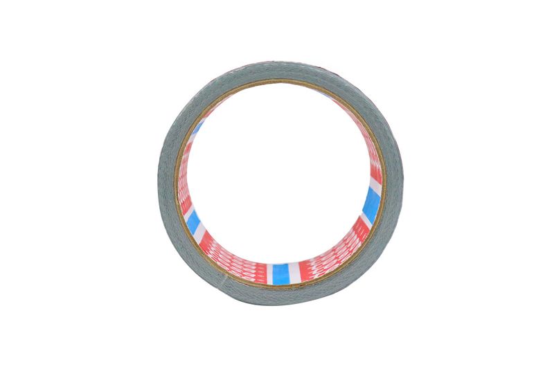 Cinta de ducto universal gris 10 m x 50 mm Tesa, vista frontal del rollo mostrando el interior con diseño rojo y azul