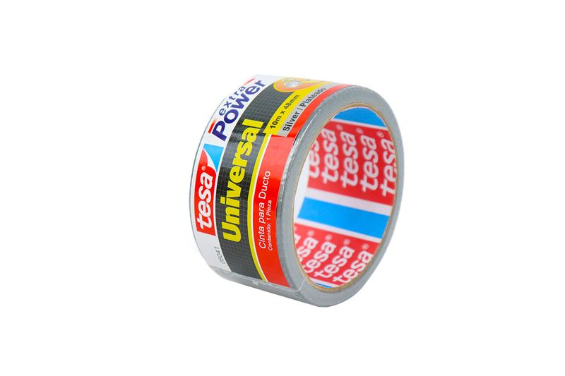 Cinta de ducto universal gris 10 m x 50 mm Tesa, vista lateral del rollo donde se aprecia el núcleo con logo rojo