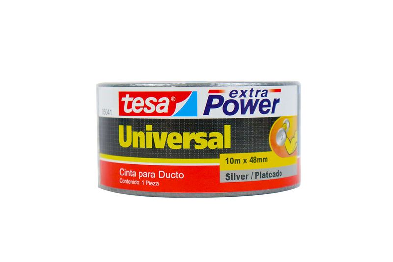Cinta de ducto universal gris 10 m x 50 mm Tesa, vista frontal del rollo con etiqueta roja, azul y amarilla