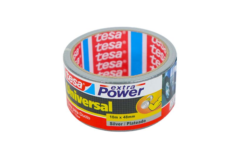 Cinta de ducto universal gris 10 m x 50 mm Tesa, primer plano del rollo con etiqueta frontal y núcleo azul