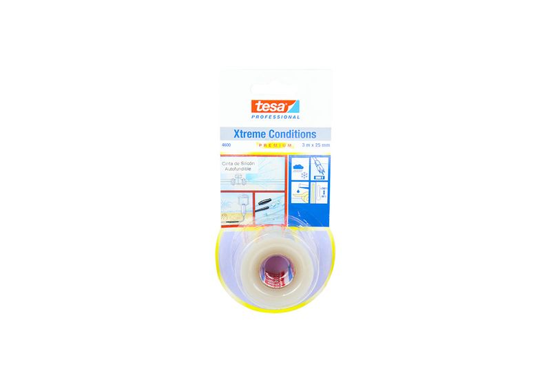 Cinta condiciones extremas transparente Tesa de 3 m x 25 mm, vista frontal del producto en su empaque con ilustraciones