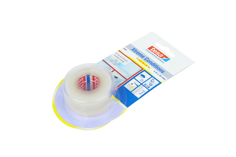 Cinta condiciones extremas transparente Tesa de 3 m x 25 mm, en su empaque blanco y azul con ilustraciones técnicas