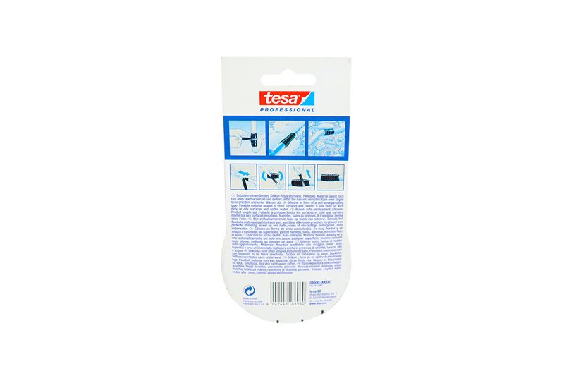Cinta condiciones extremas transparente Tesa de 3 m x 25 mm, parte posterior del empaque con instrucciones y texto