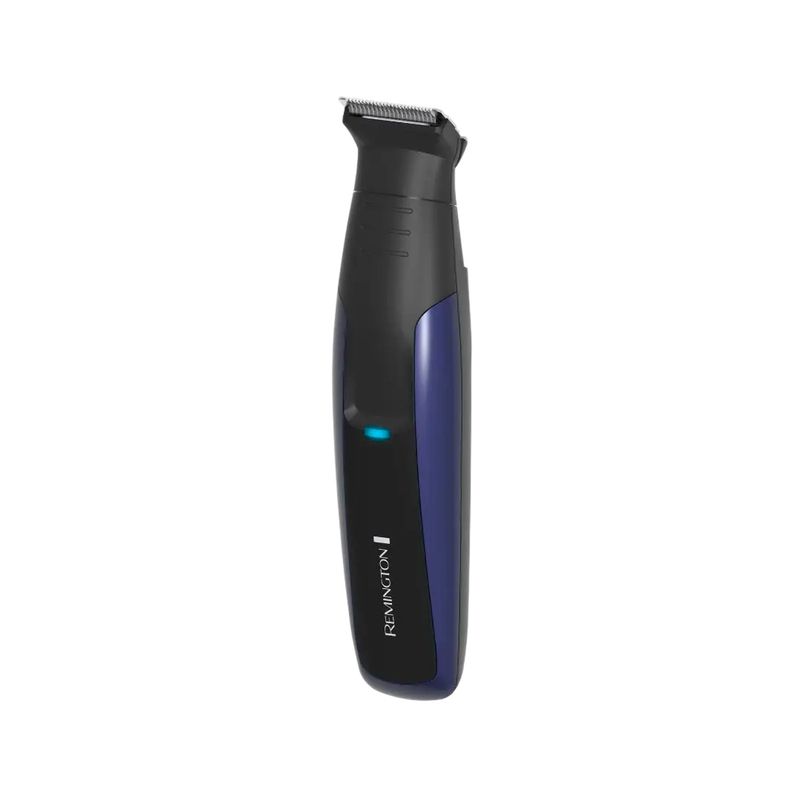 Cortadora de cabello Remington PG6160A, vista frontal del cuerpo negro con detalle en azul y cuchilla metálica