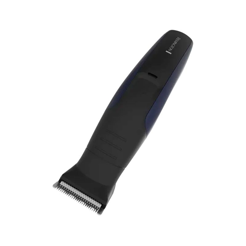 Cortadora de cabello Remington PG6160A, vista lateral del cuerpo en color azul oscuro y negro con el cabezal de corte