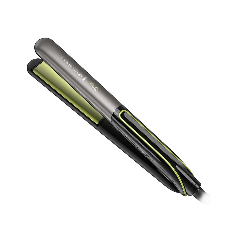 Plancha alisadora de cabello Shine Therapy Remington, vista diagonal del equipo en color negro con detalles verdes