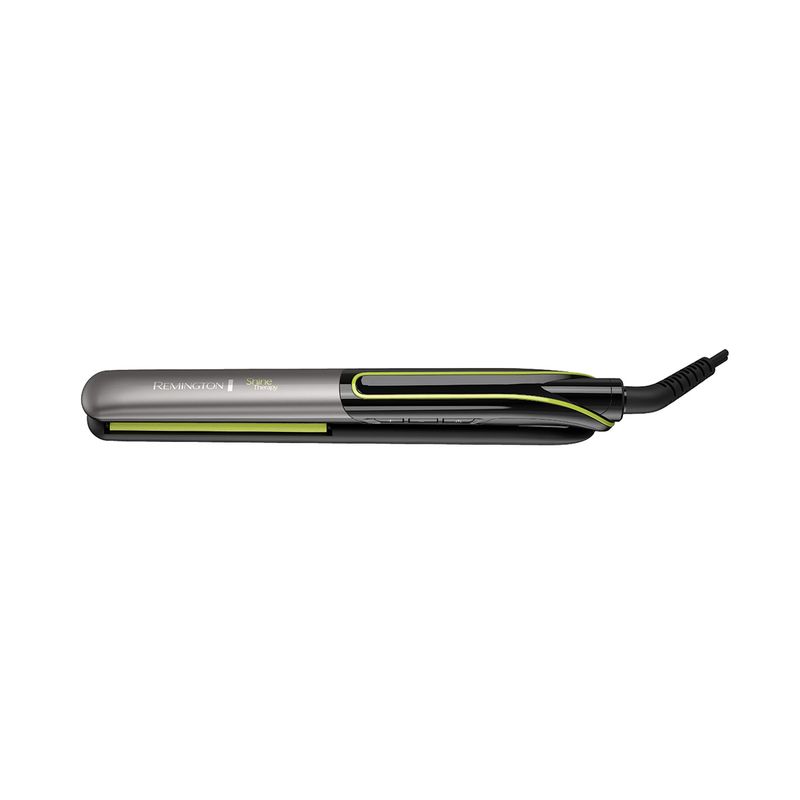 Plancha alisadora de cabello Shine Therapy Remington, vista lateral del dispositivo en color negro con detalles verde lima
