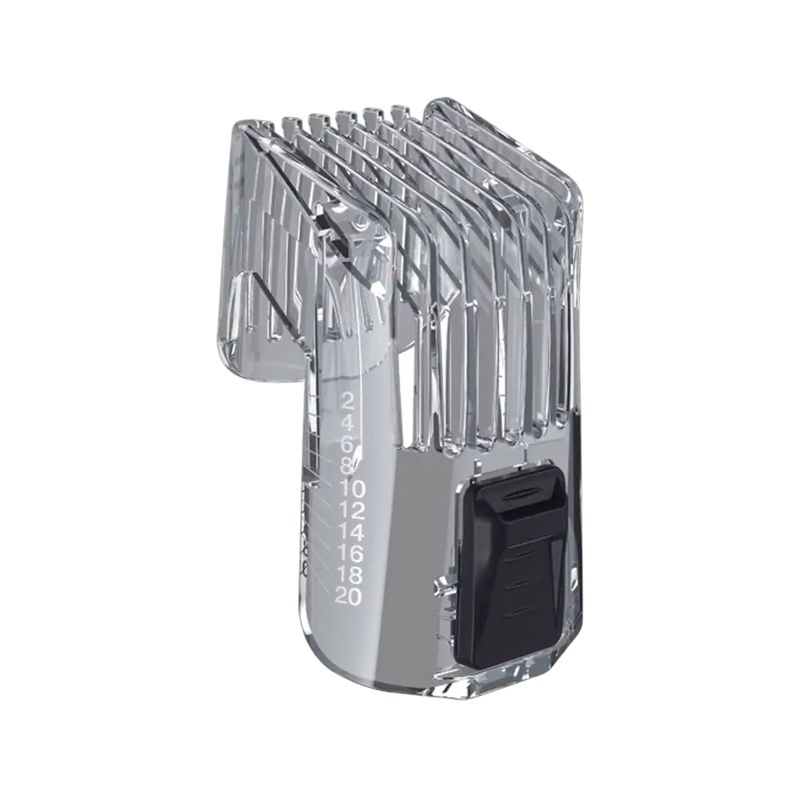 Cortadora de cabello Remington PG6160A, primer plano del peine guía plástico transparente con escala numérica