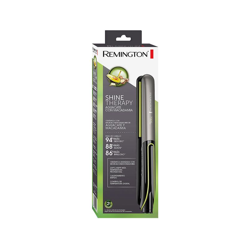 Plancha alisadora de cabello Shine Therapy Remington, empaque frontal con ilustración del producto y beneficios