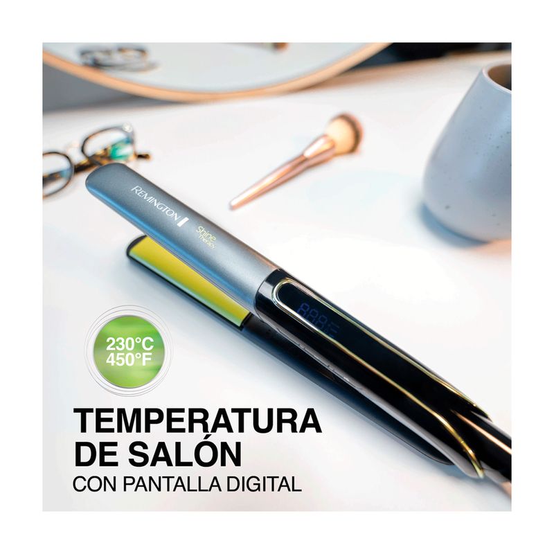 Plancha alisadora de cabello Shine Therapy Remington, detalle de la pantalla digital y temperatura de 230°C 450°F