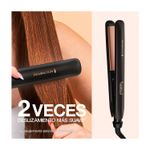 Plancha alisadora de cabello Almond Radiance Remington, montaje con modelo usando el equipo y vista lateral del aparato