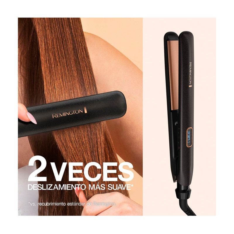 Plancha alisadora de cabello Almond Radiance Remington, montaje con modelo usando el equipo y vista lateral del aparato