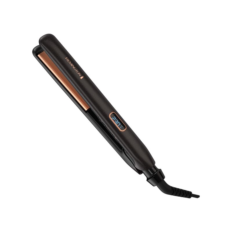 Plancha alisadora de cabello Almond Radiance Remington, vista lateral del dispositivo negro con pantalla digital encendida