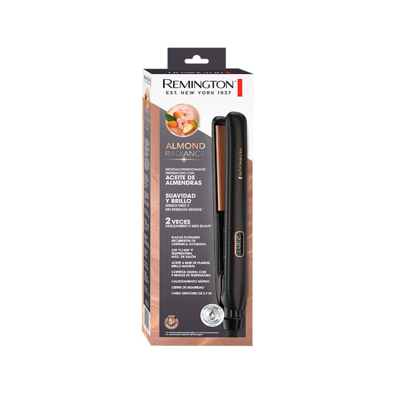 Plancha alisadora de cabello Almond Radiance Remington, vista frontal del empaque con la plancha y descripción del producto