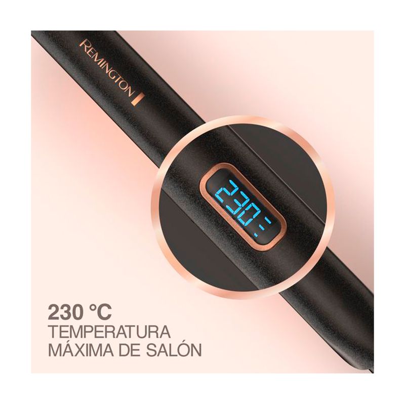 Plancha alisadora de cabello Almond Radiance Remington, primer plano de la pantalla digital marcando 230 °C