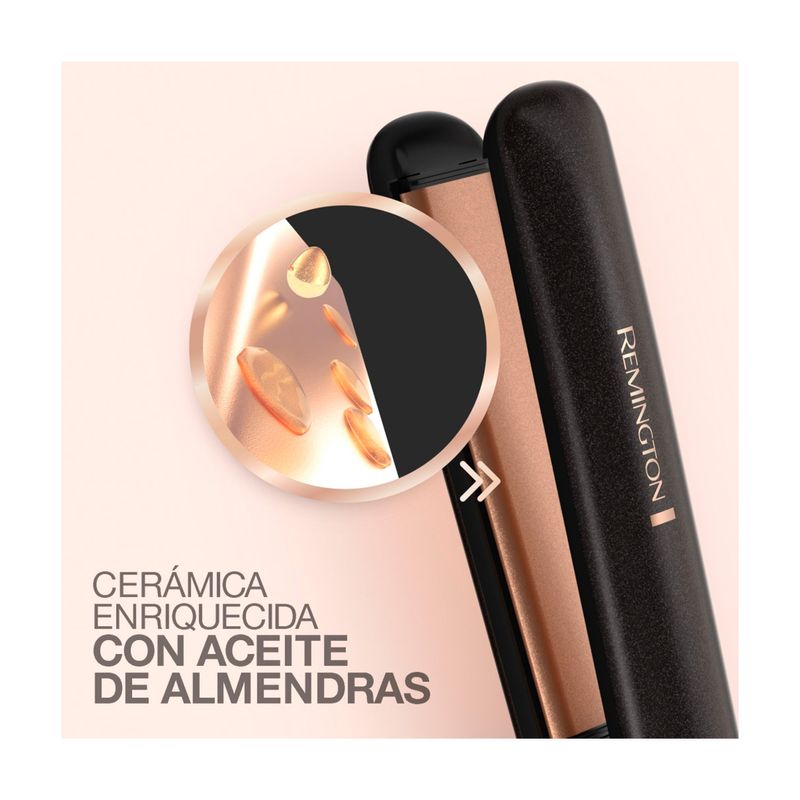 Plancha alisadora de cabello Almond Radiance Remington, detalle circular de las placas cerámicas y gotas de aceite