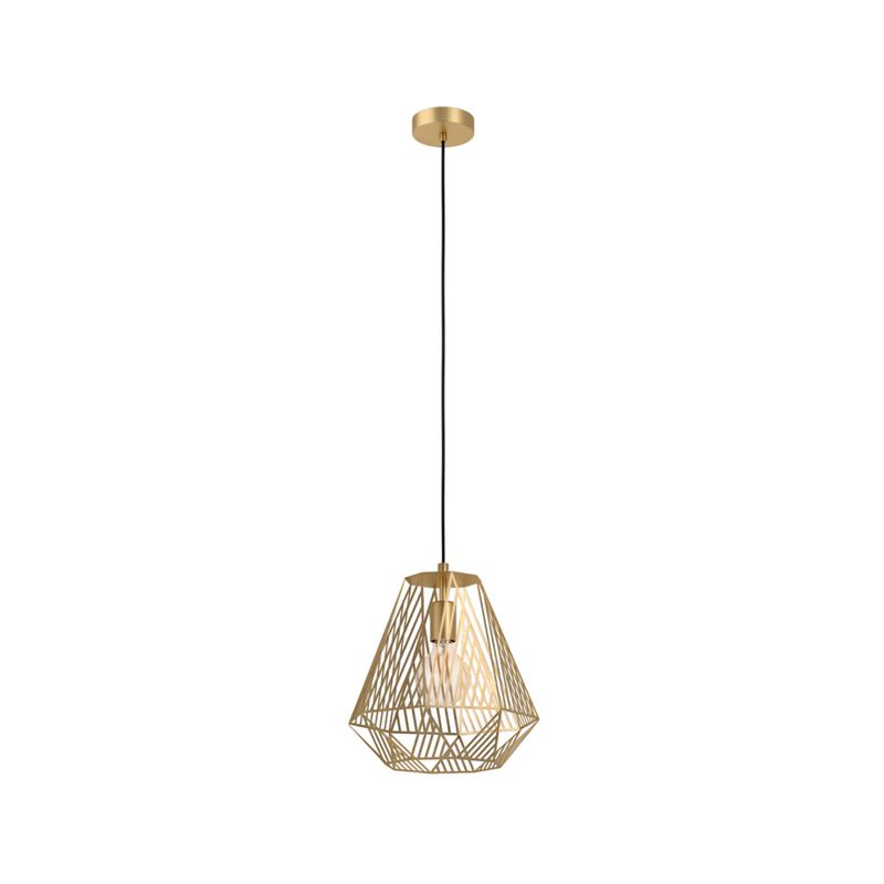 Lámpara colgante Stype 1L E27 IP20 dorado Eglo, vista frontal completa con cable negro y pantalla geométrica calada