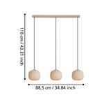 Lámpara colgante Comino 3L E27 IP20 arena Eglo, gráfico con medidas de altura de 110 cm y ancho de 88,5 cm