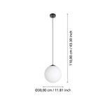 Lámpara colgante Rondo 3 1L E27 IP20 blanco opalino Eglo, gráfico con medidas de altura y diámetro en centímetros y pulgadas