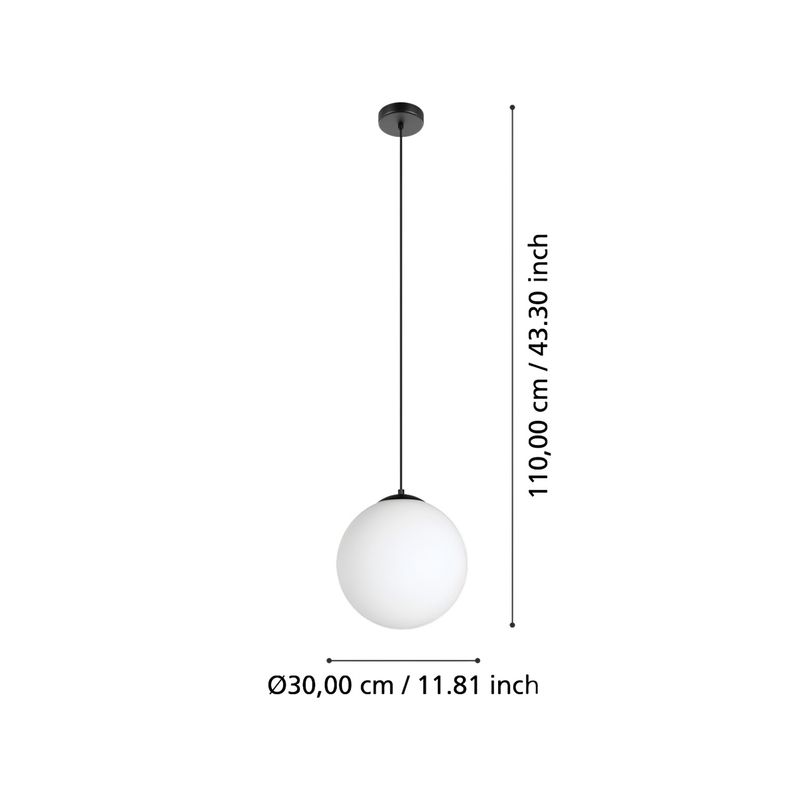 Lámpara colgante Rondo 3 1L E27 IP20 blanco opalino Eglo, gráfico con medidas de altura y diámetro en centímetros y pulgadas