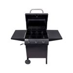 Barbacoa de gas 3 quemadores acero inox negro American Gourmet Char-Broil, vista frontal abierta con parrilla y ruedas