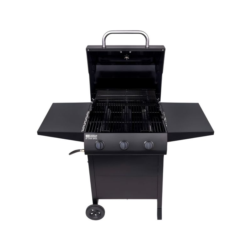 Barbacoa de gas 3 quemadores acero inox negro American Gourmet Char-Broil, vista frontal abierta con parrilla y ruedas