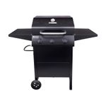 Barbacoa de gas 3 quemadores acero inox negro American Gourmet Char-Broil, vista frontal completa con ruedas y perillas