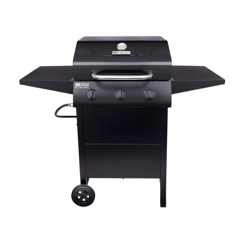 Barbacoa de gas 3 quemadores acero inox negro American Gourmet Char-Broil, vista frontal completa con ruedas y perillas