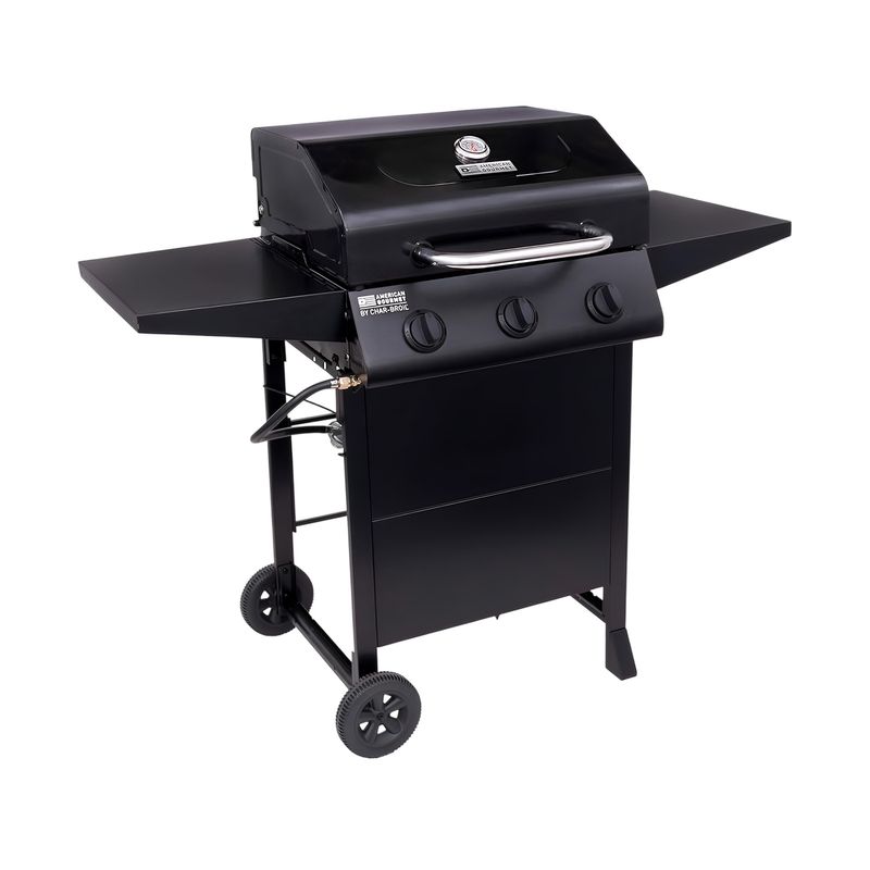 Barbacoa de gas 3 quemadores acero inoxidable negro American Gourmet Char-Broil, vista frontal completa con ruedas