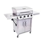 Barbacoa de gas 4 quemadores acero inoxidable Char-Broil, vista frontal completa con ruedas y superficies laterales