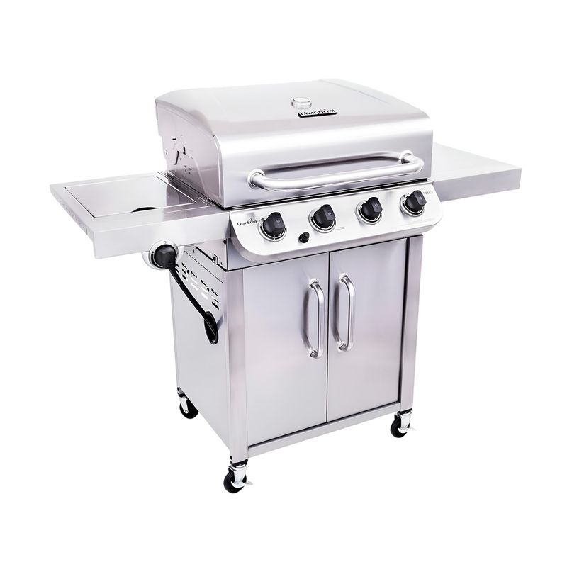Barbacoa de gas 4 quemadores acero inoxidable Char-Broil, vista frontal completa con ruedas y superficies laterales