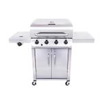 Barbacoa de gas 4 quemadores acero inox Char-Broil, vista frontal completa con gabinete y mesas laterales