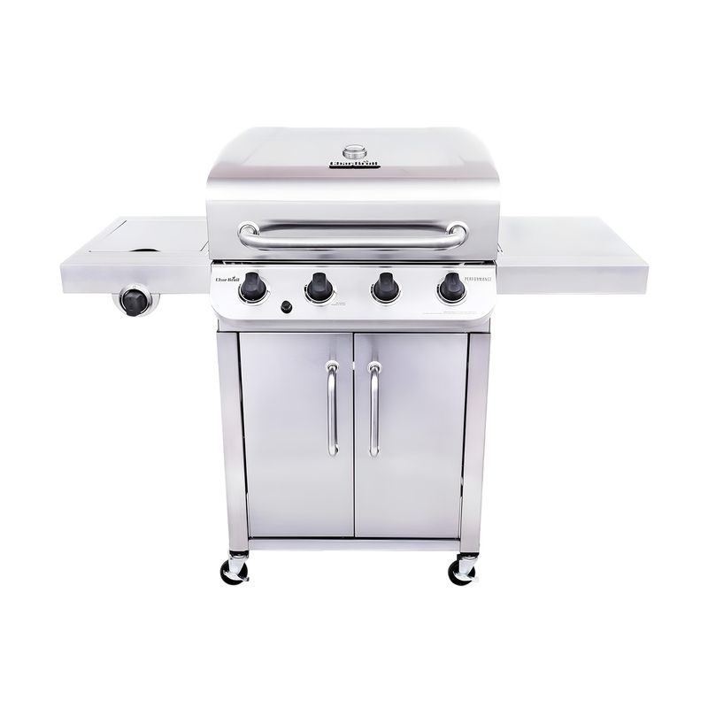 Barbacoa de gas 4 quemadores acero inox Char-Broil, vista frontal completa con gabinete y mesas laterales