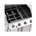 Barbacoa de gas 4 quemadores acero inox Char-Broil, primer plano de las perillas de control y el interior de la parrilla
