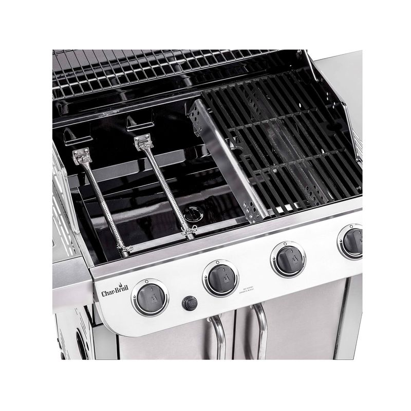 Barbacoa de gas 4 quemadores acero inox Char-Broil, primer plano de las perillas de control y el interior de la parrilla