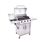 Barbacoa de gas 4 quemadores acero inox Char-Broil, vista frontal con tapa abierta, quemador lateral y ruedas