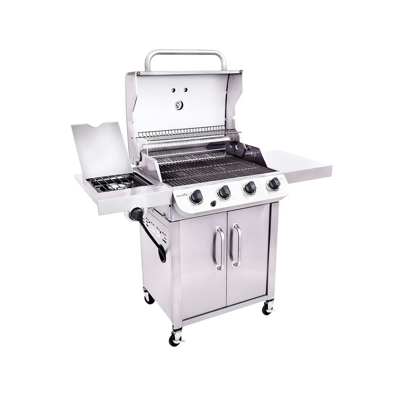 Barbacoa de gas 4 quemadores acero inox Char-Broil, vista frontal con tapa abierta, quemador lateral y ruedas