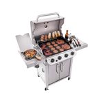Barbacoa de gas 4 quemadores acero inox Char-Broil, vista frontal abierta con carnes y vegetales cocinando en la parrilla