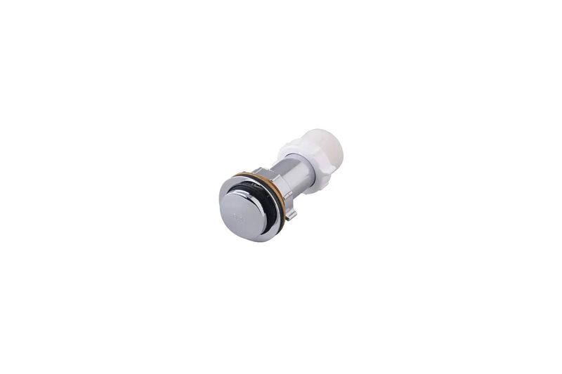 Botón desagüe tinas American Standard, vista lateral de la pieza cromada con base de plástico blanca