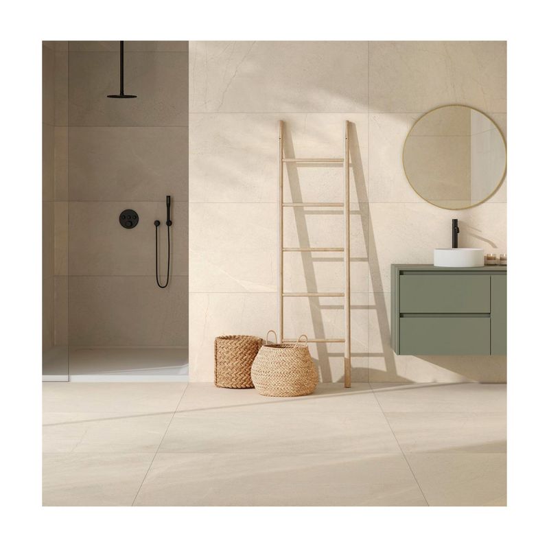 Porcelanato 60x120 Kenzo blanco mate mármol rectificado Pamesa, ambientado en baño con mueble verde y espejo circular