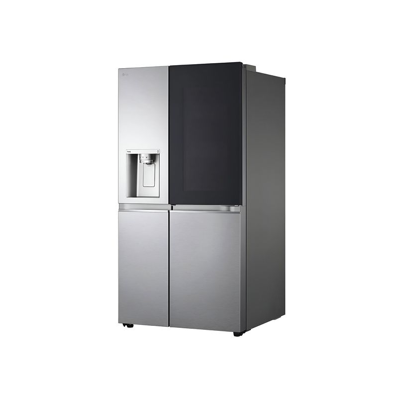 Refrigerador Inverter con dispensador SBS 812L acero inox LG, vista lateral del panel Instaview y dispensador de agua