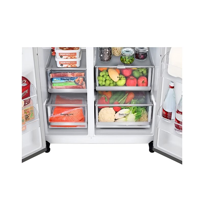 Refrigerador Inverter con dispensador SBS 812 L acero inox LG, vista interna de cajones con alimentos y frutas