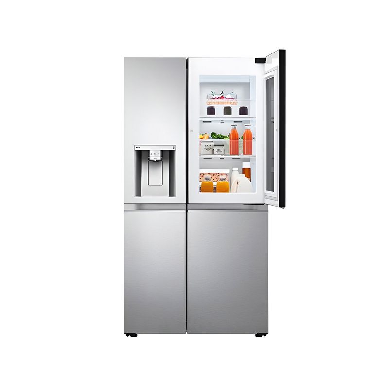 Refrigerador inverter con dispensador SBS 812 L acero inox LG, vista frontal con puerta superior derecha abierta