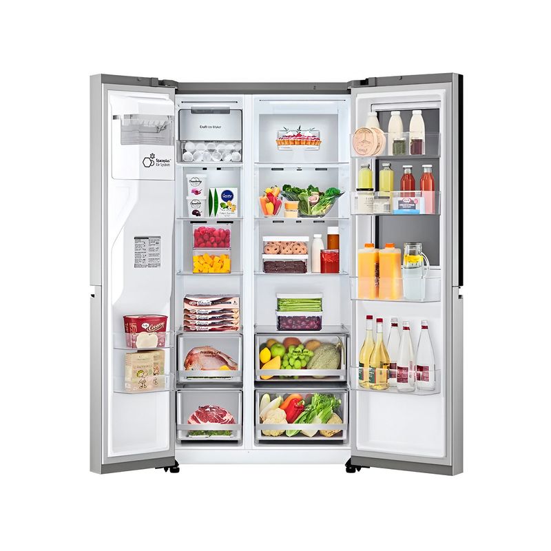 Refrigerador Inverter con dispensador SBS 812L Instaview Craft-Ice acero inox LG, vista frontal abierto con alimentos