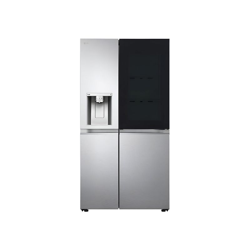 Refrigerador Inverter con dispensador SBS 812 l acero inox LG, vista frontal del equipo con panel de vidrio negro