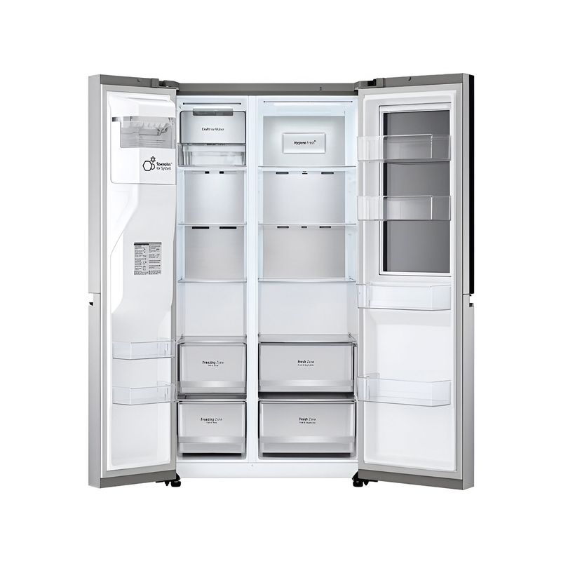 Refrigerador inverter con dispensador SBS 812 L acero inox LG, vista frontal con puertas abiertas mostrando el interior