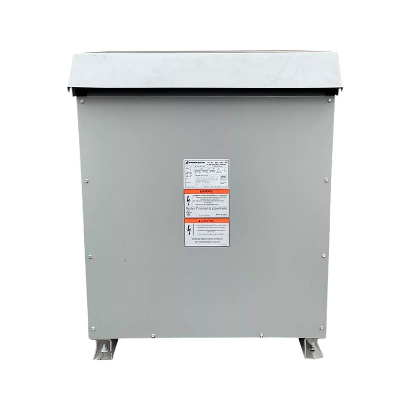 Transformador seco 3F 150 kVA 480V D-208Y/120V Jefferson Electric, vista frontal enfocando la placa de especificaciones