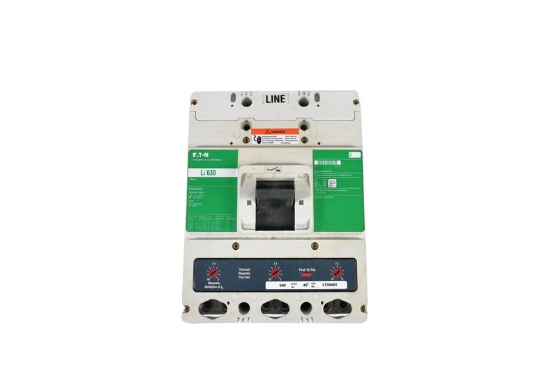 Main breaker 3P LI Eaton de 500 amp, vista frontal detallada de los diales de ajuste y etiquetas técnicas