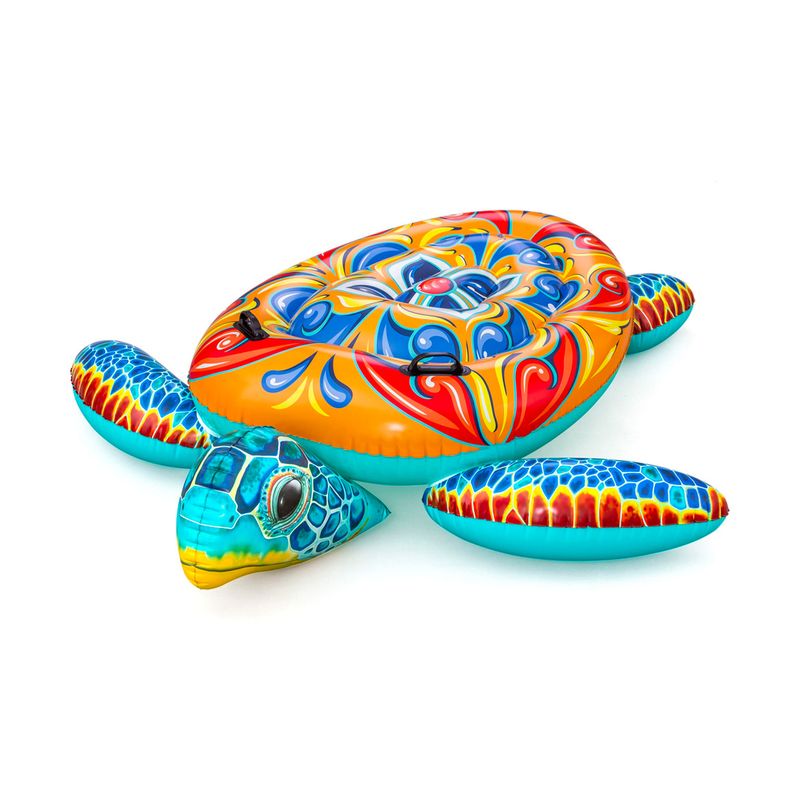 Flotador inflable para niños diseño tortuga multicolor Bestway, vista diagonal completa del inflable sobre fondo blanco