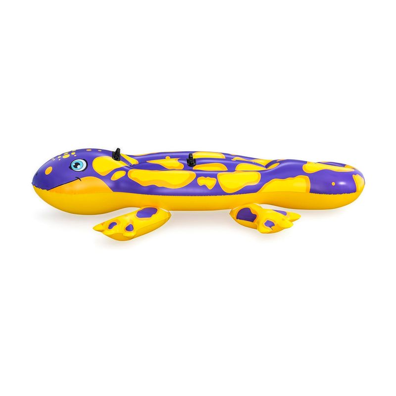 Flotador inflable doble para niños diseño salamandra Bestway, vista lateral completa en colores amarillo y morado